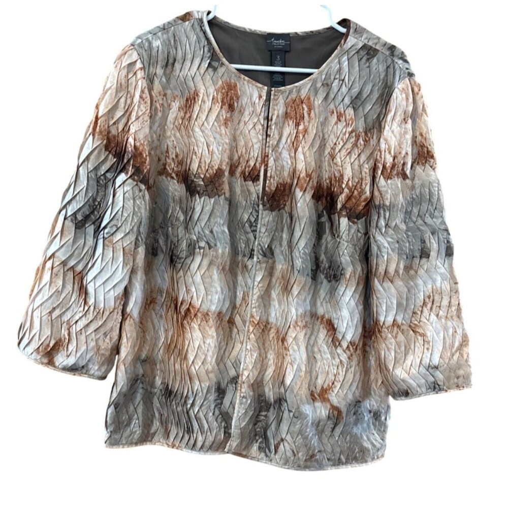Chicos Travelers Collection Pleated Open Jacket Size 3 Abstract Neutral Pattern